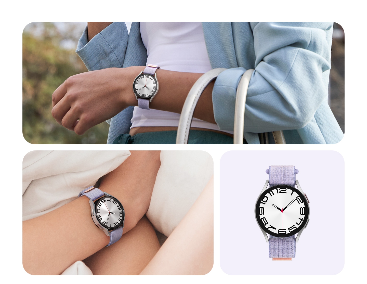 A person in semicasual outfit is holding a bag while wearing a Galaxy Watch6 device attached with a slim Fabric Band. A person is lying snug in bed while wearing a Galaxy Watch6 strapped with a slim Fabric Band. A front view of a Galaxy Watch6 with a slim Fabric Band.