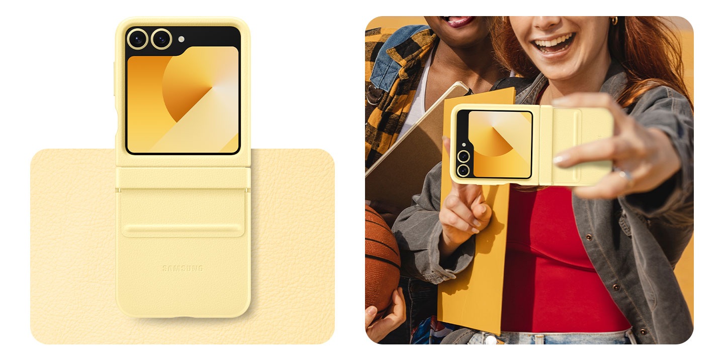 3) The phone in a yellow coloured Kindsuit Case.  The phone is placed on a swatch.  Beside that one is a young girl taking a selfie with the phone. In her arms, she carries a folder in the same shade of yellow.