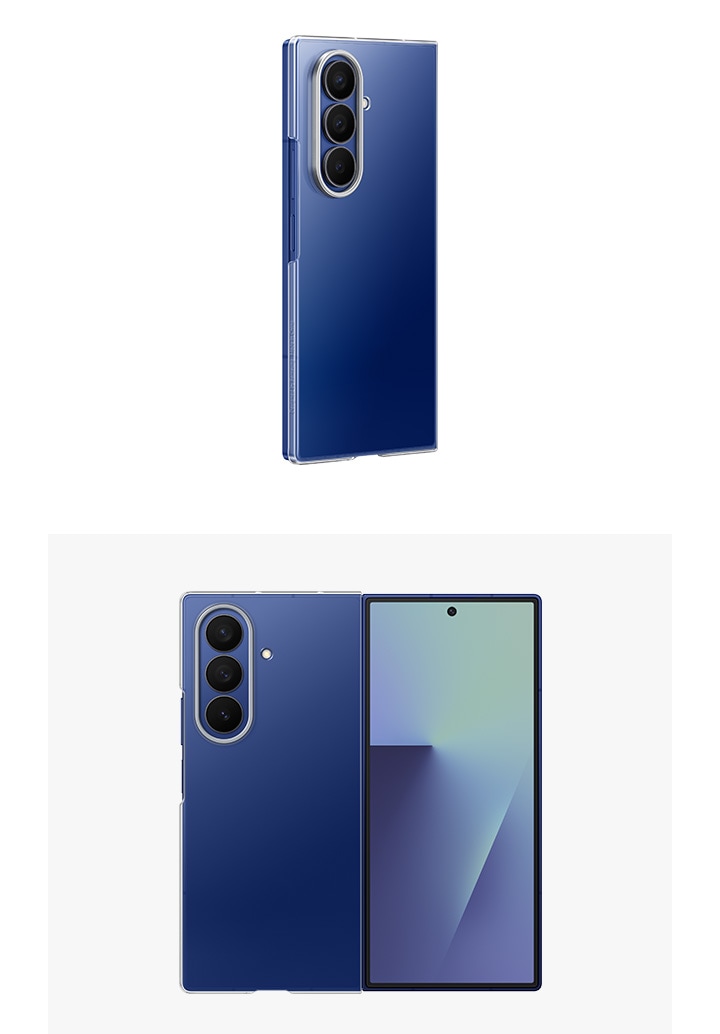 A folded Galaxy Z Fold7 stands upright slightly at a side angle with the Clear Case. An unfolded Galaxy Z Fold7 has the Clear Case applied with the front screen and camera facing forward highlighting the slimness of the case.