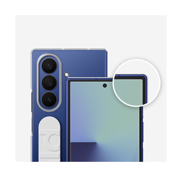 Close-up view of two Galaxy Z Fold7 are shown, one showing the front and one displaying the rear, with the Clear Grip Case and front screen with the Anti-reflecting Film. A magnified inset highlights the slim edge and screen protector fit.