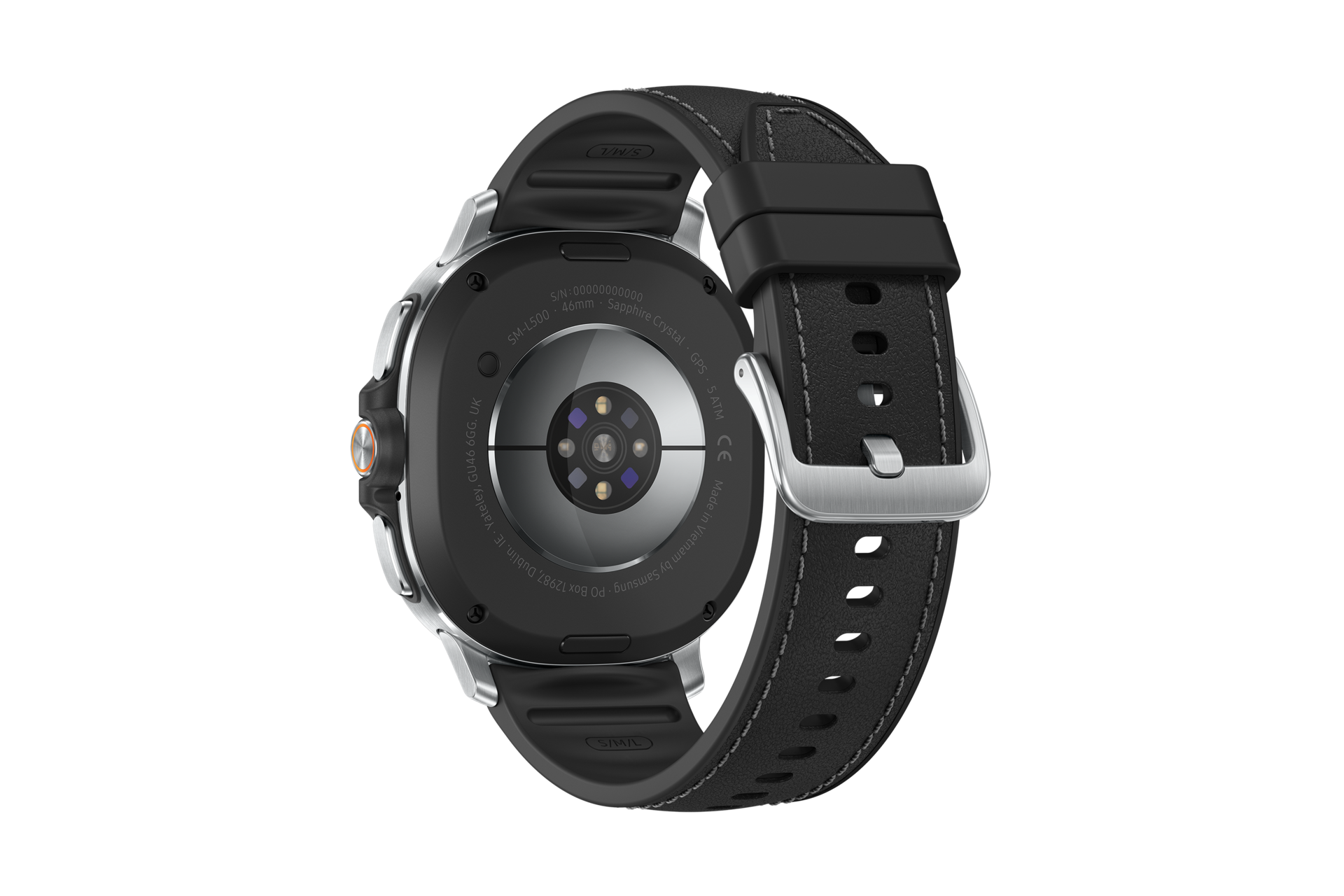 [Thé ímágé féátúrés thé báck víéw óf á Sámsúñg Gáláxý Wátch8 Clássíc 46mm, shówcásíñg á sléék désígñ wíth á bláck léáthér stráp áñd métállíc áccéñts. Thé báck íñclúdés séñsórs fór héárt ráté móñítóríñg, chárgíñg éléméñts, áñd détáíléd pródúct íñfórmátíóñ.]