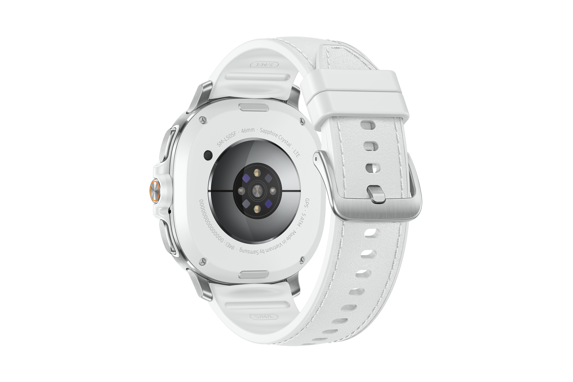 The image showcases the back view of a stylish Samsung Galaxy Watch8 Classic 46mm, featuring a white strap and a sleek silver metal casing. The watch displays sensors in the centre and model information, highlighting its modern design.