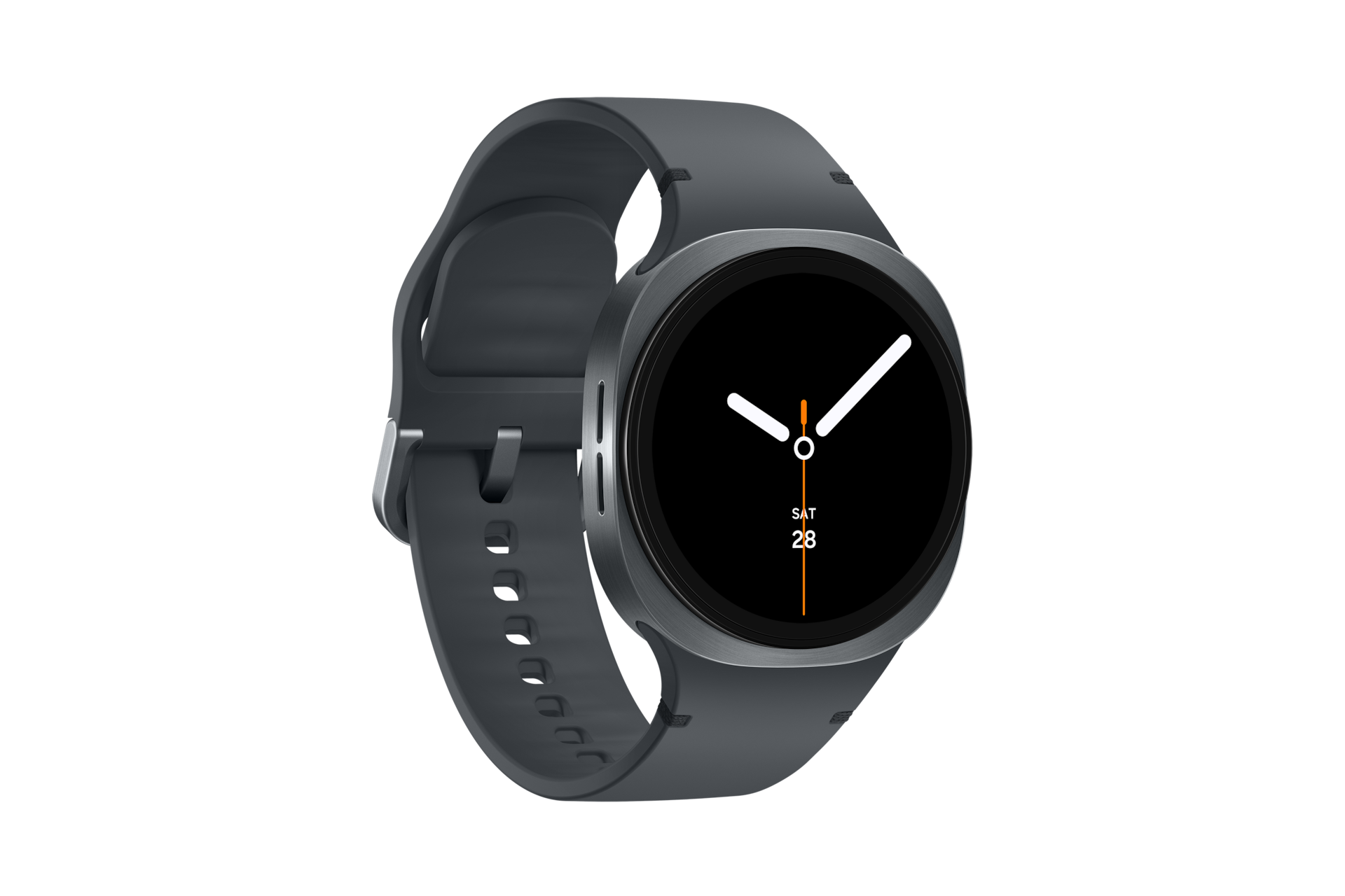A sleek Samsung Galaxy Watch8 with a modern black design is showcased against a white backdrop. The round face features a minimalist look, displaying two white clock hands with an orange tip, and the date marked as the 28th, epitomising style.