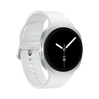 This sleek Samsung Galaxy Watch features a round black display that showcases the time with white hands and the date below. Crafted from silicone, the strap emphasises comfort and style.