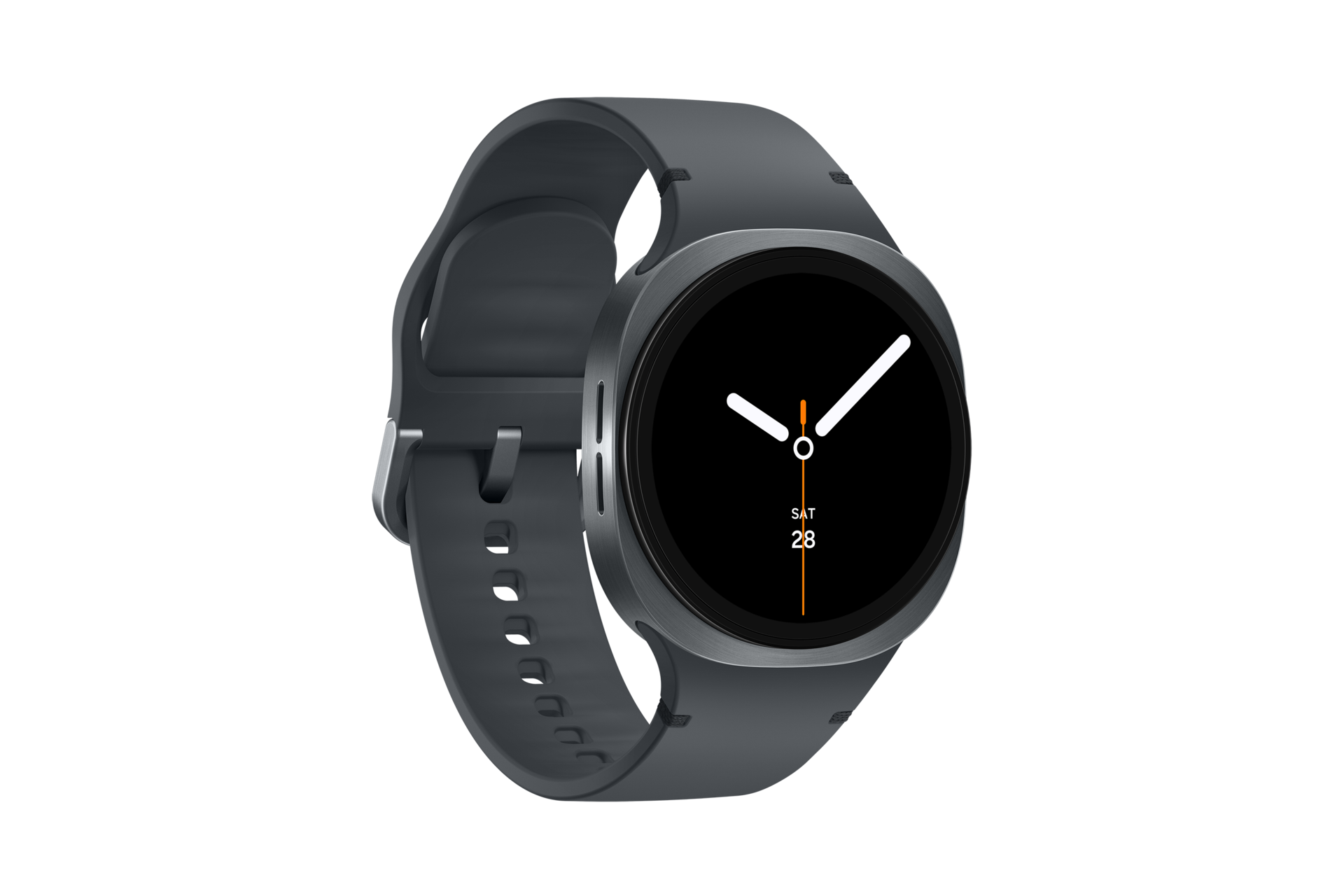 This image showcases the Samsung Galaxy Watch8 as a sleek black smartwatch. Its round face boasts a minimalist design, featuring a screen that displays the time through white hour and minute hands, as well as an orange second hand on a black background.
