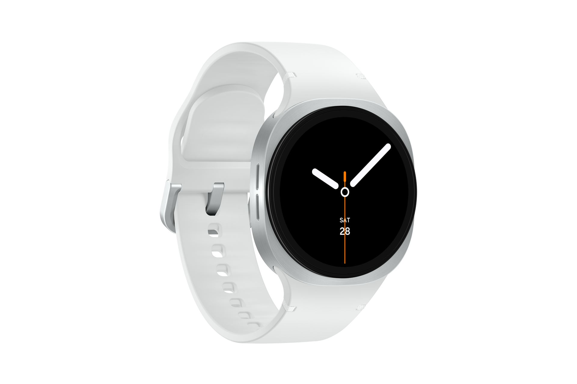 This sleek Samsung Galaxy Watch features a round design, complete with a white silicone band and a silver metal bezel. The display showcases a minimalist clock face that has a black background, with orange and white hands, as well as the date SAT 28, embodying simplicity.
