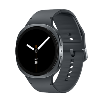 A sleek Samsung Galaxy Watch8 is elegantly displayed at an angle, showcasing its round black face with white hour and minute hands, along with a vibrant orange second hand.