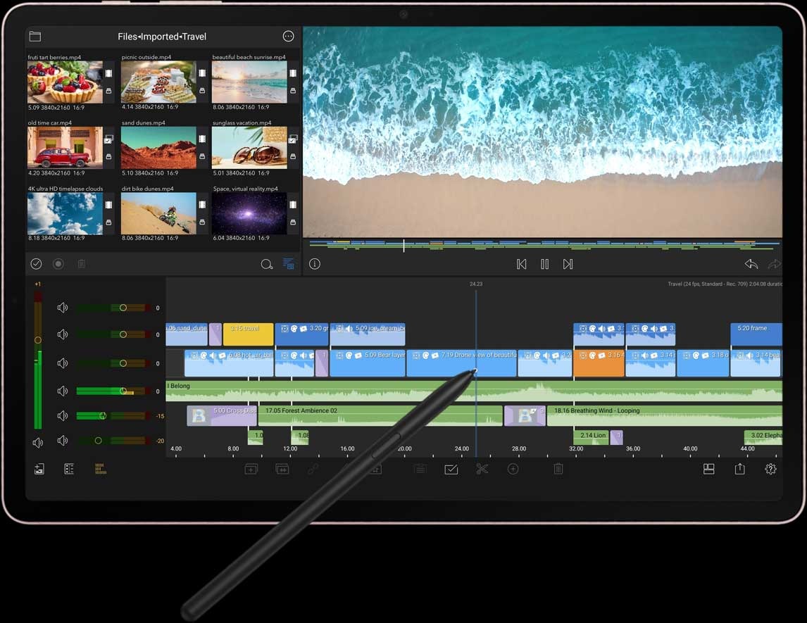 A video is being created using the LumaFusion app on the screen of Galaxy Tab S8 Series. There are thumbnails of various videos in the upper left corner, a clip of beach waves is open in the top right corner, and the bottom half displays the multitrack editing dashboard. An S Pen is used to edit in the app.