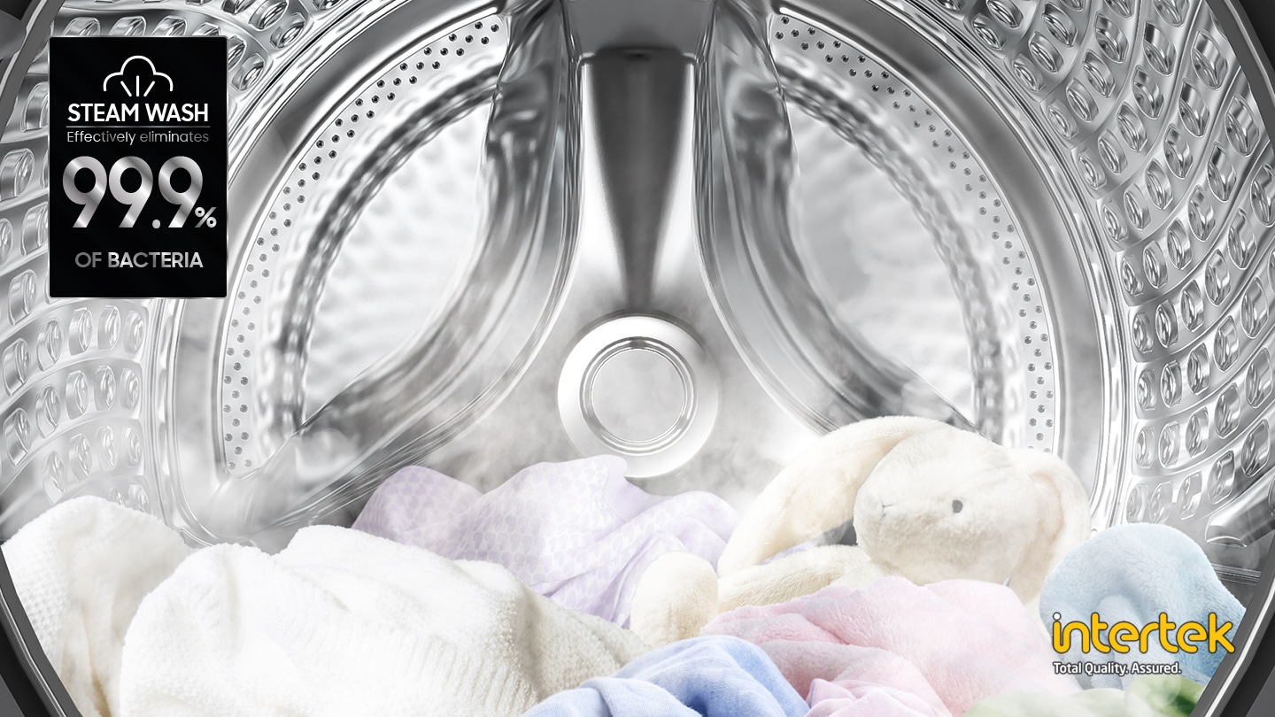 Steam wash certified by Intertek, steam is dispersed inside the washing machine door to remove bacteria up to 99.9%.