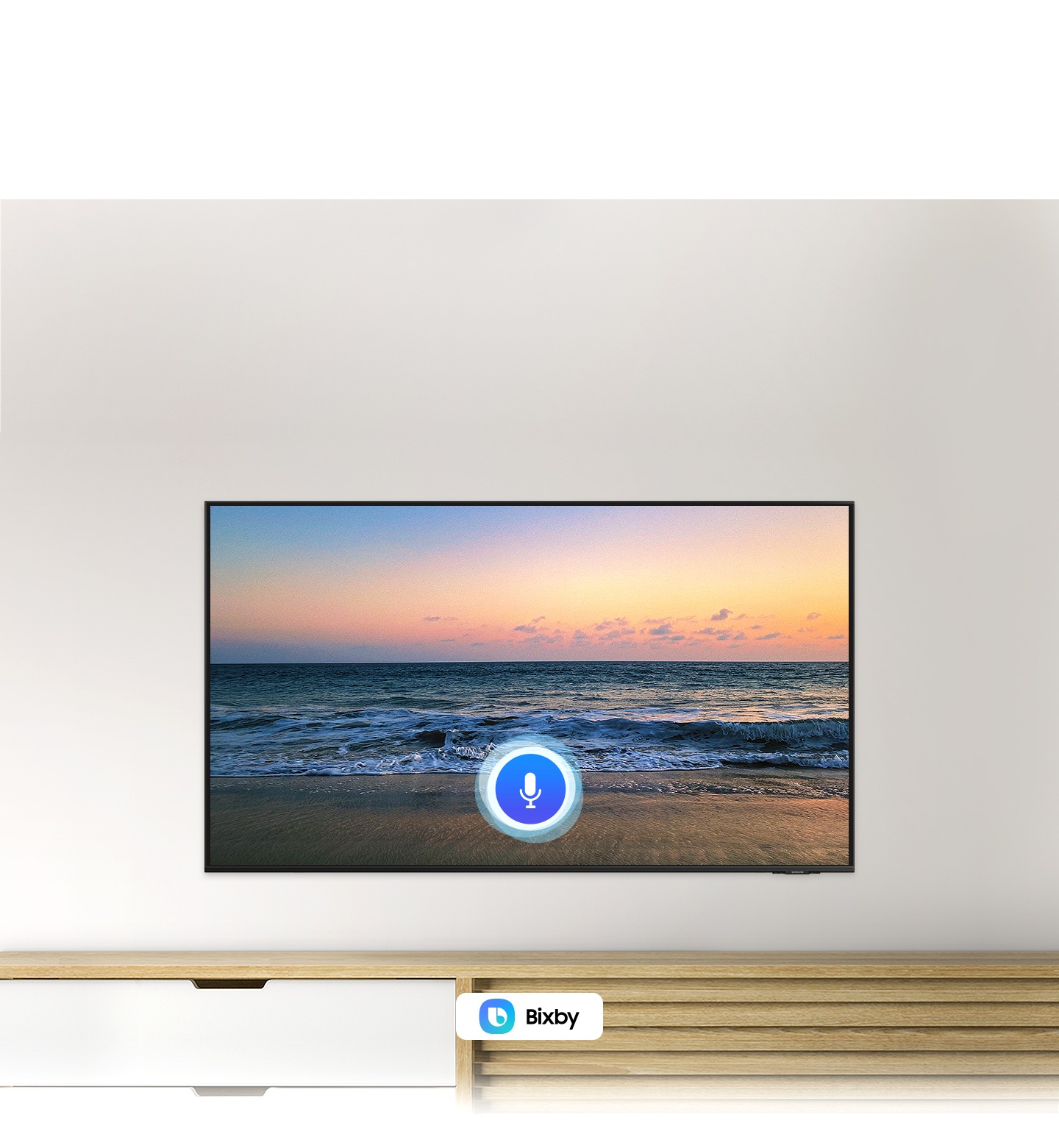 A microphone icon overlays a beach sunset TV screen image, demonstrating UHD TV voice assistant feature.