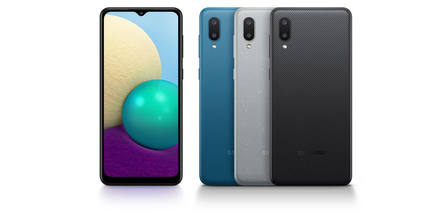 Four Samsung Galaxy A02 are displayed to appeal their colors and design. Three reversed ones are in blue, black and gray while one is looking at the front.