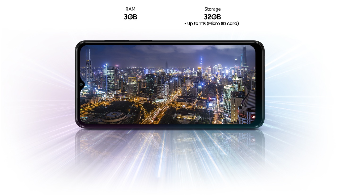 samsung a02 malaysia specs and features, night view of a city is on the screen of a02 with figures of its ram and storage.