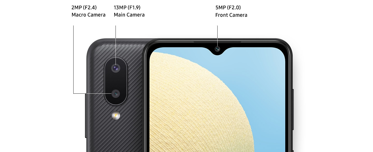 Samsung a02 specs, details of multi camera of Samsung Galaxy A02. 13MP(F1.9) Main Camera, 2MP(F2.4) Macro Camera on the rear side, and 5MP(F2.0) Front Camera on the front side.