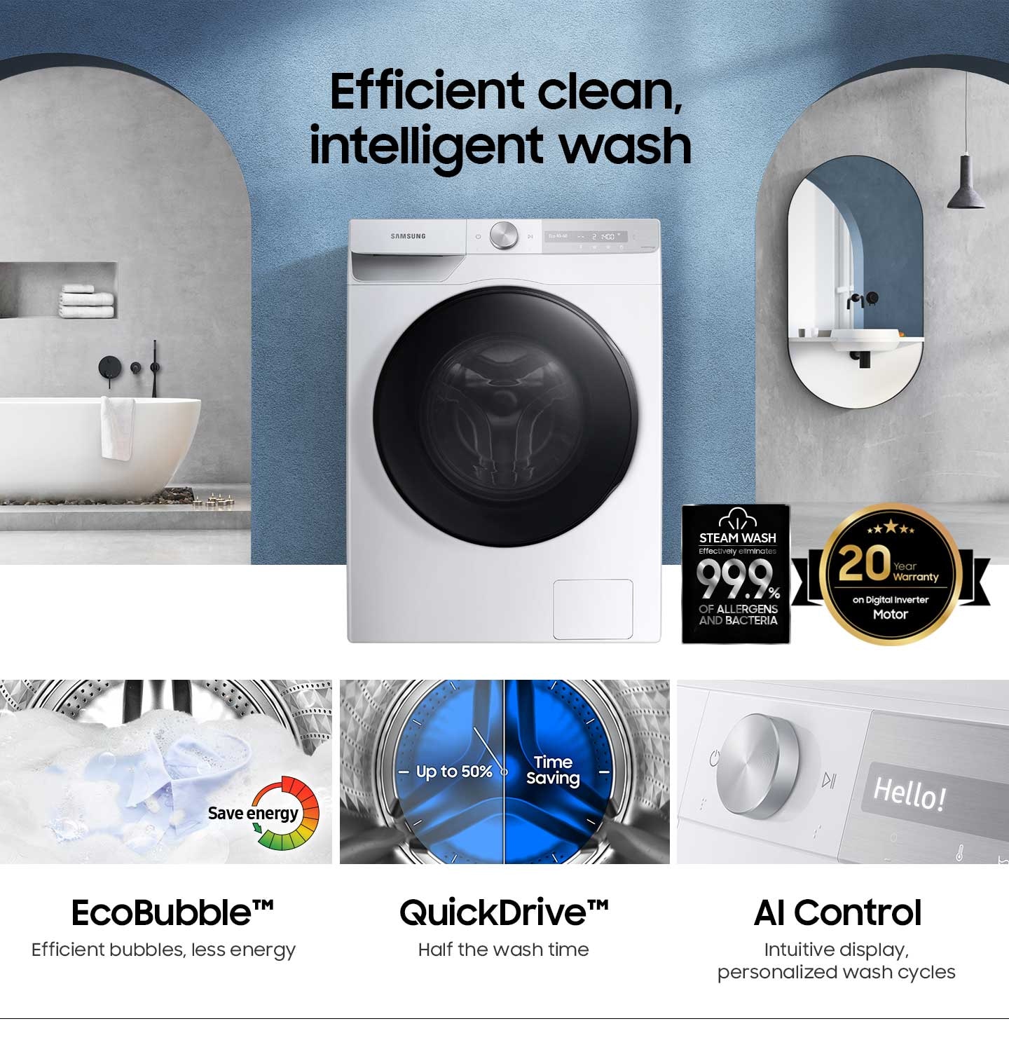 WW7400T is energy-efficient, germ-free, and has 20-year warranty on the motor. It features EcoBubble, QuickDrive, and AI Control.