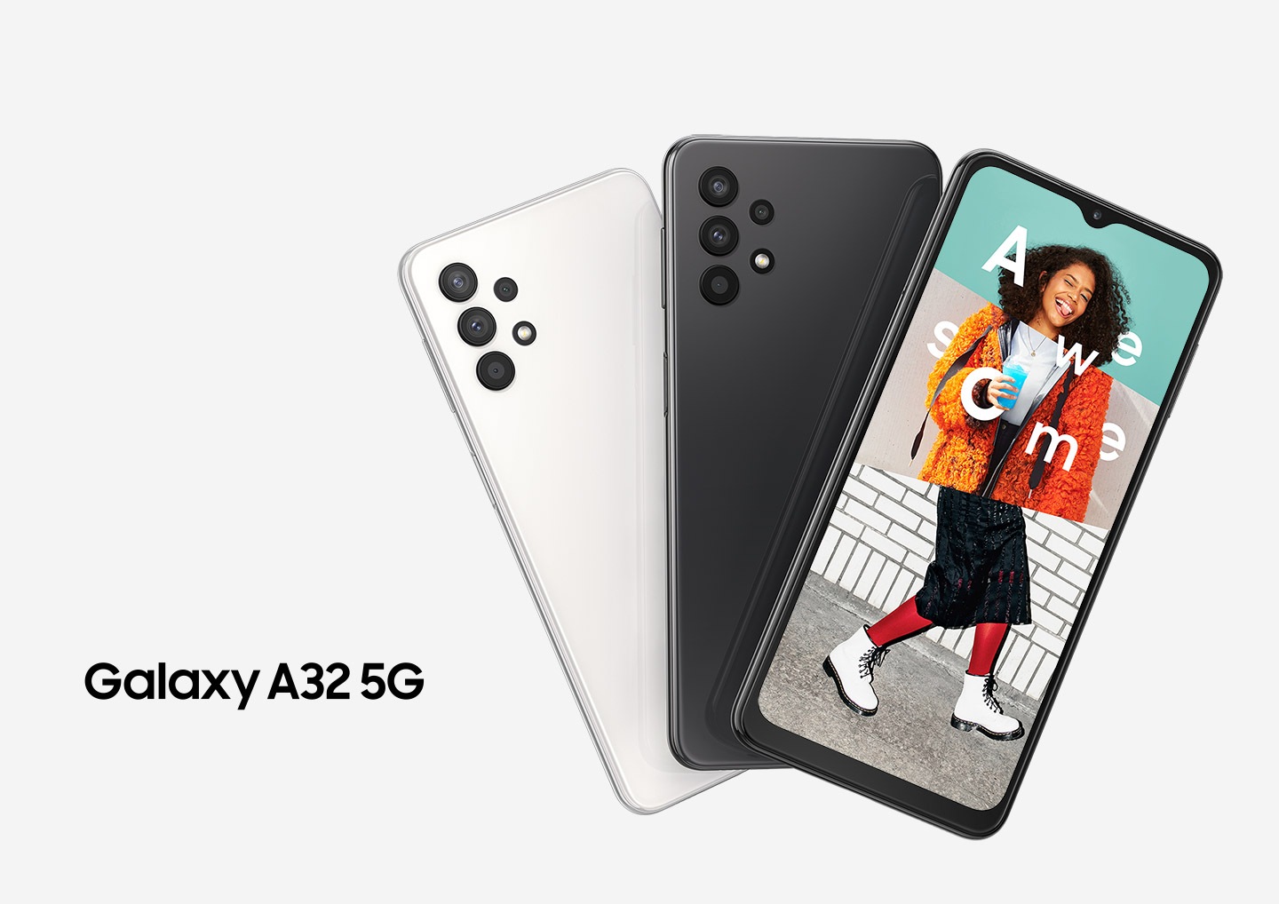 Galaxy A32 5G Key visual comes out in three devices with its official logo on the side. On the screen, an excited young woman is starring at the camera, surrounding the text of `Awesome` on herself.