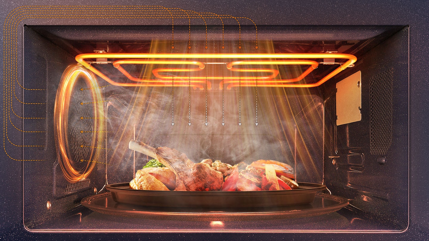 Buy convection oven with HotBlast™ now. A view inside of a Samsung oven with food is being heated with an innovative PowerGrill Duo that ensures a consistent heat distribution.
