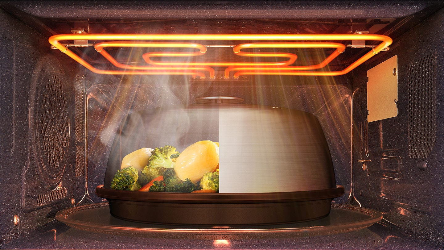 The stainless steamer cover of Samsung convection oven keep the food moist, tender and juicy inside out