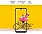 A woman on bike behind Samsung Galaxy A32. The picture goes the phone display's edges to represent its immersive view. Text says Brightness 800 nits, Eye Comfort Shield, with the SGS logo and Real Smooth.