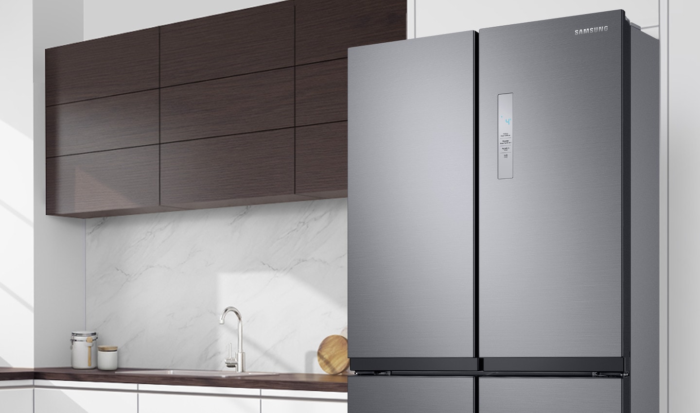 See the stylishly minimalist design and controls of Samsung French Door Fridge with Twin Cooling, 511L when it is laid in a kitchen & check out the fridge price!