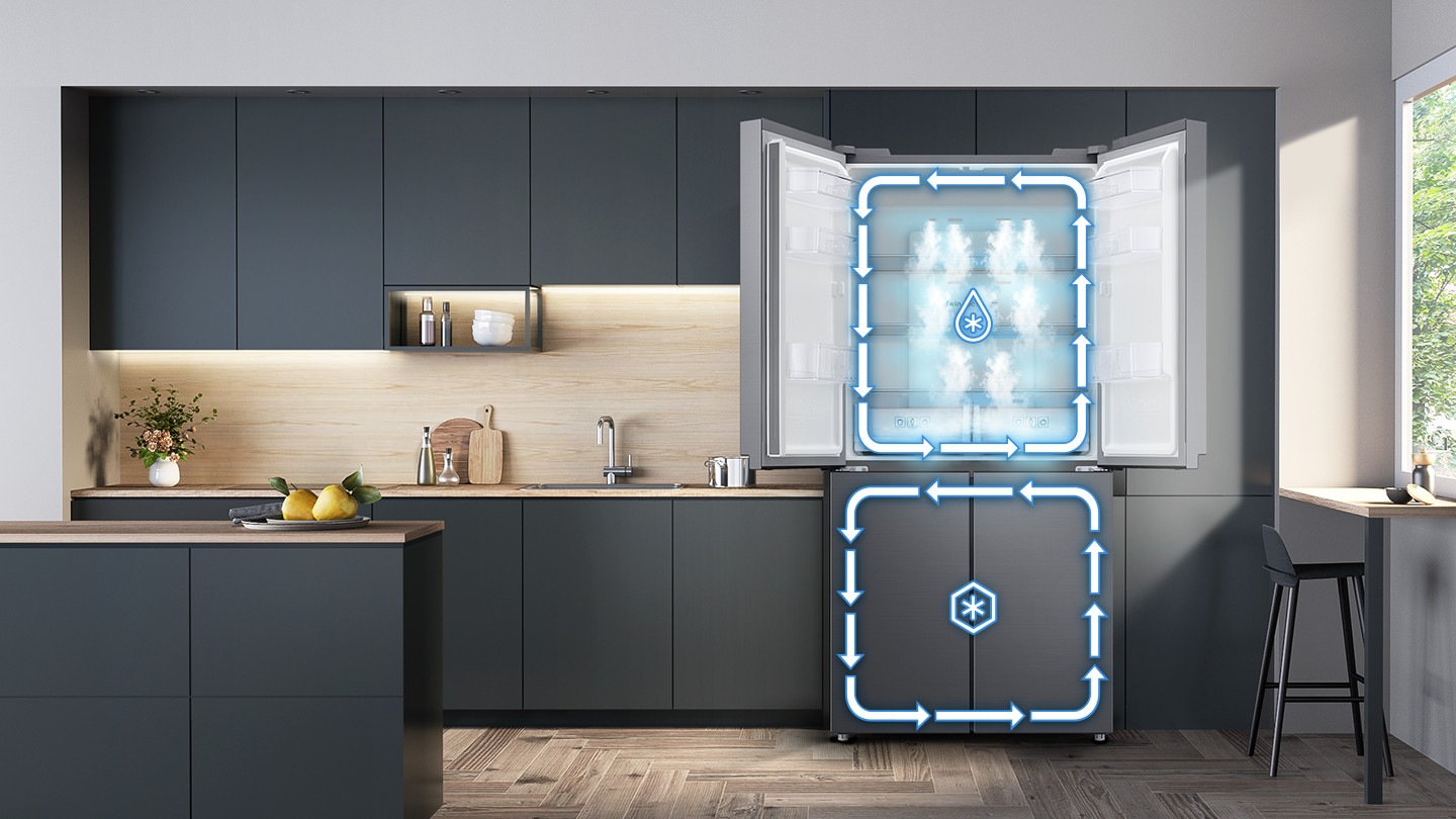 See the Samsung French Door Fridge 511L with the upper's doors open (without foods inside) & explore Twin Cooling Plus Technology at Samsung MY!