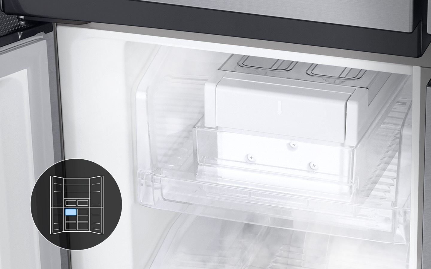 Take a close look inside the Samsung French Door Fridge with Twin Cooling, 511L & explore about Movable Ice Maker on this 4 door refrigerator at Samsung MY!