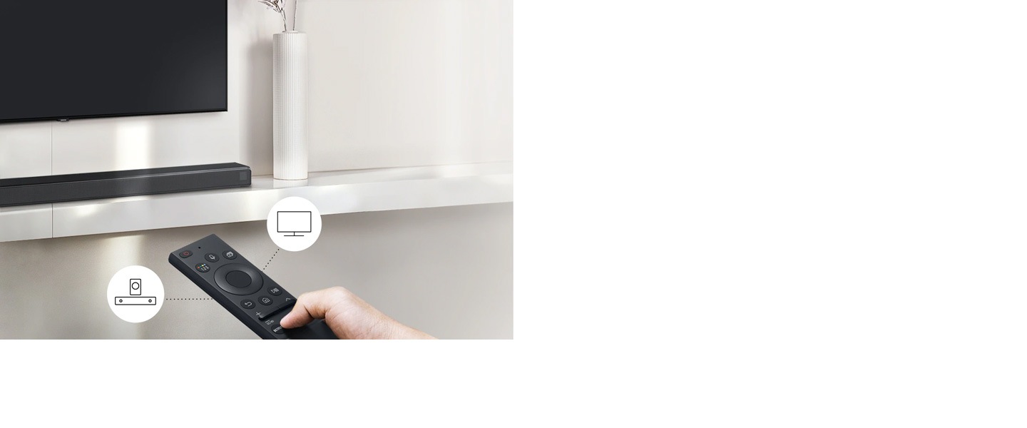 A user controls both soundbar and TV functions with Samsung TV remote.