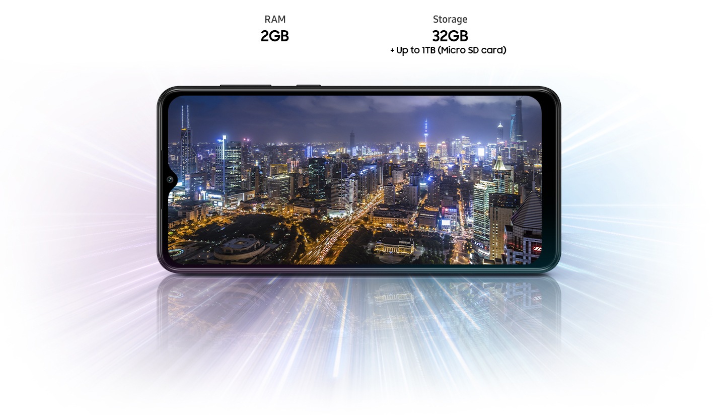 Night view of a city is on the screen of Samsung Galaxy M02 with figures of its RAM and storage