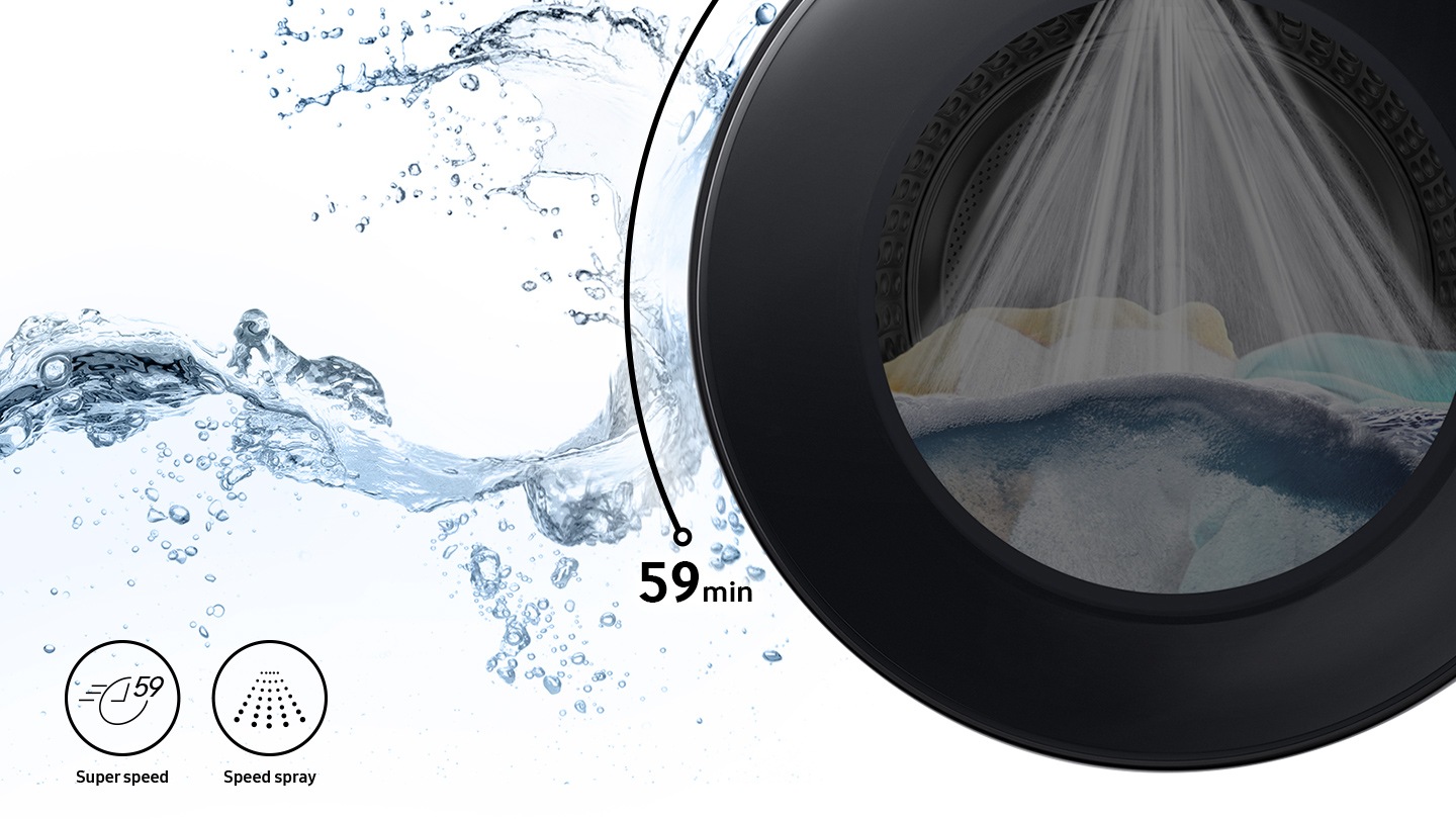 Strong water streams are visible inside the washer door while Super Speed and Speed Spray features are shown in icons.