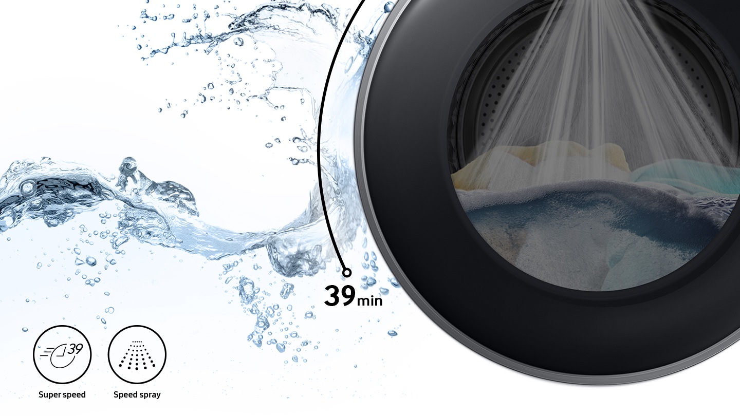 Strong water streams are visible inside the washer door while Super Speed and Speed Spray features are shown in icons.