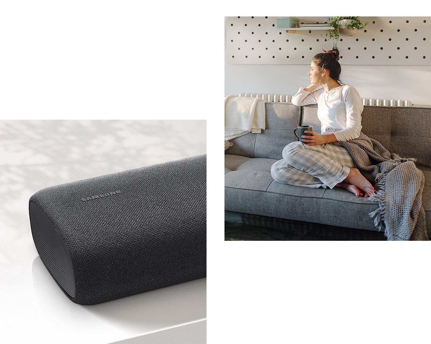 A combination of product and lifestyle images demonstrates how the S60A soundbar All-in-one design aesthetics blend into any room environment.
