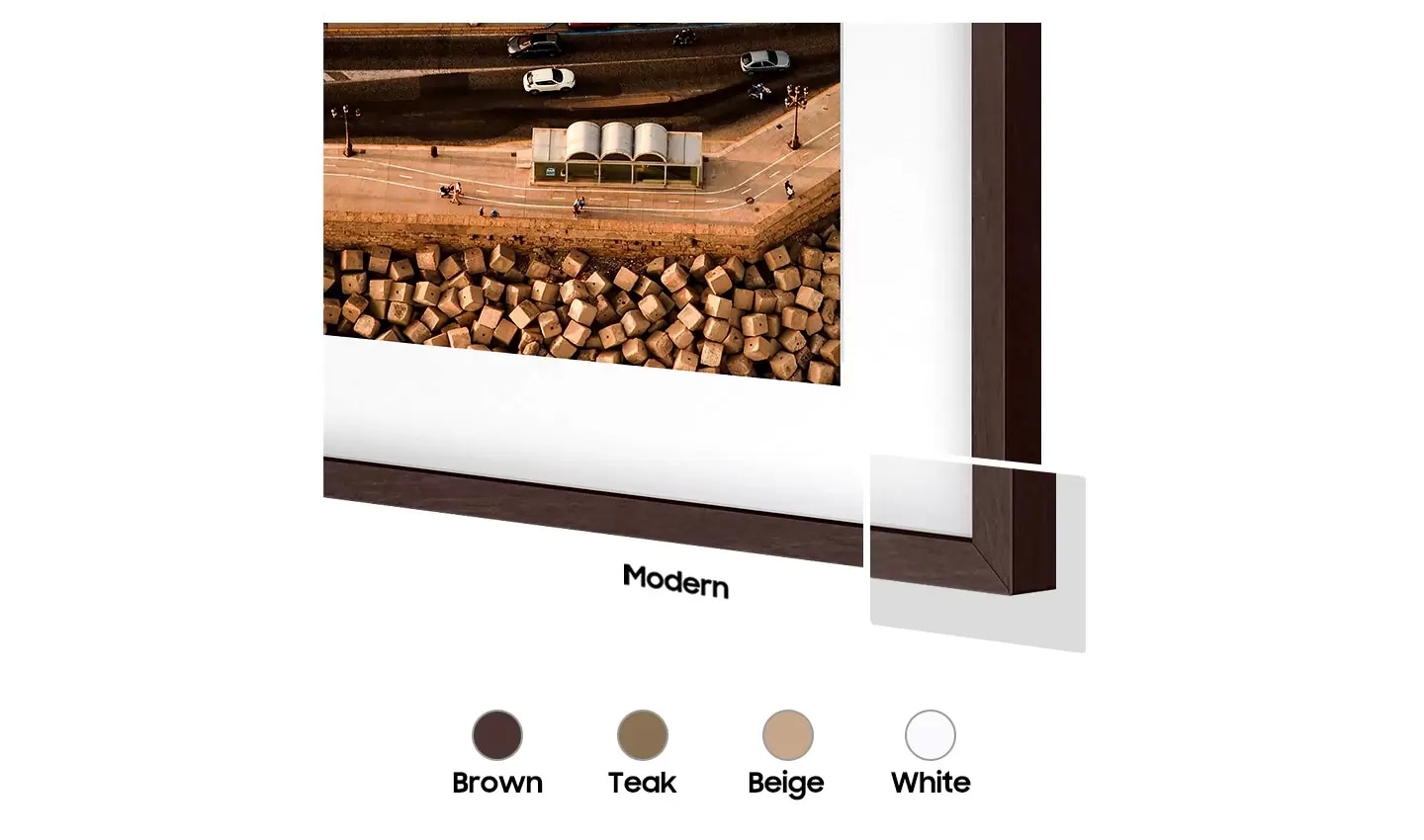 Modern type offer users a choice of contemporary frame style. Colour chips for Brown, Teak, and White are shown.