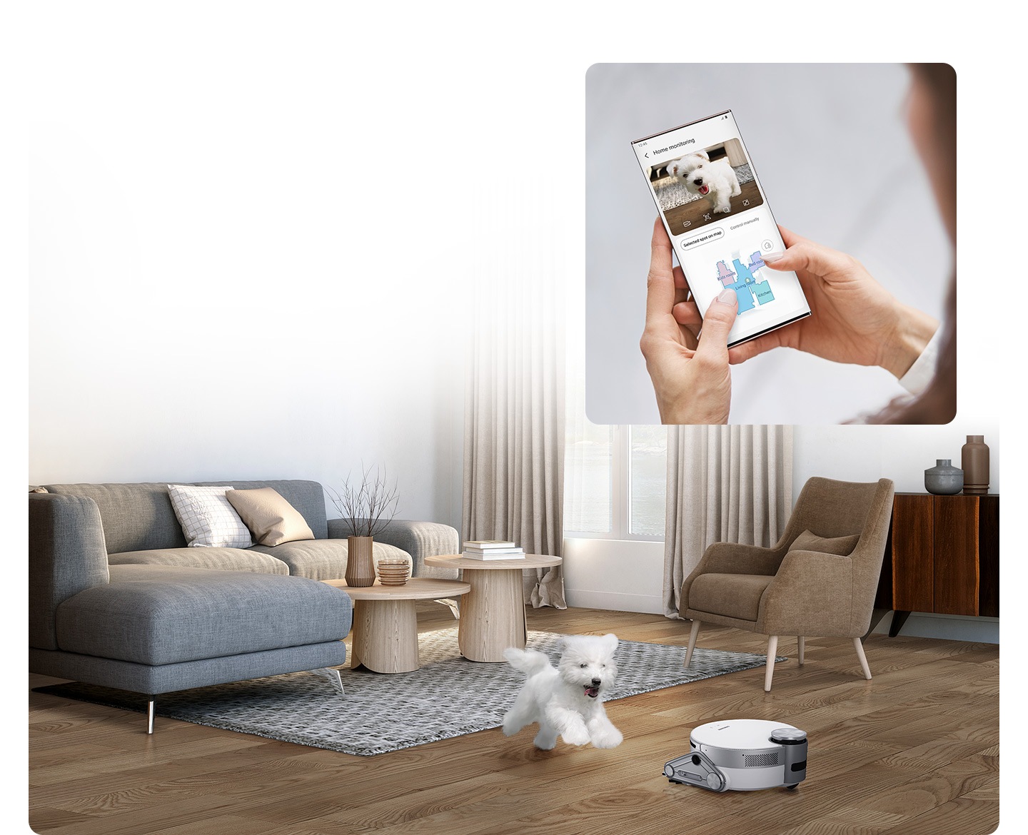 Check on your pets and home wherever you are. Jet Bot’s front camera can live stream real time video images using the SmartThings App*. And, in patrol mode, you can monitor the status of your home. It supports E2EE**, so video is securely encrypted and can only be viewed by an authorized user.