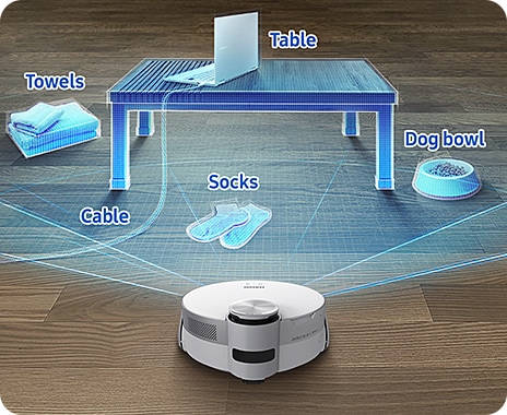 JetBot AI+ uses AI Object Recognition to sense a cable, table, dog bowl, towels and socks on the floor in front of it to clean closely and effectively around them.