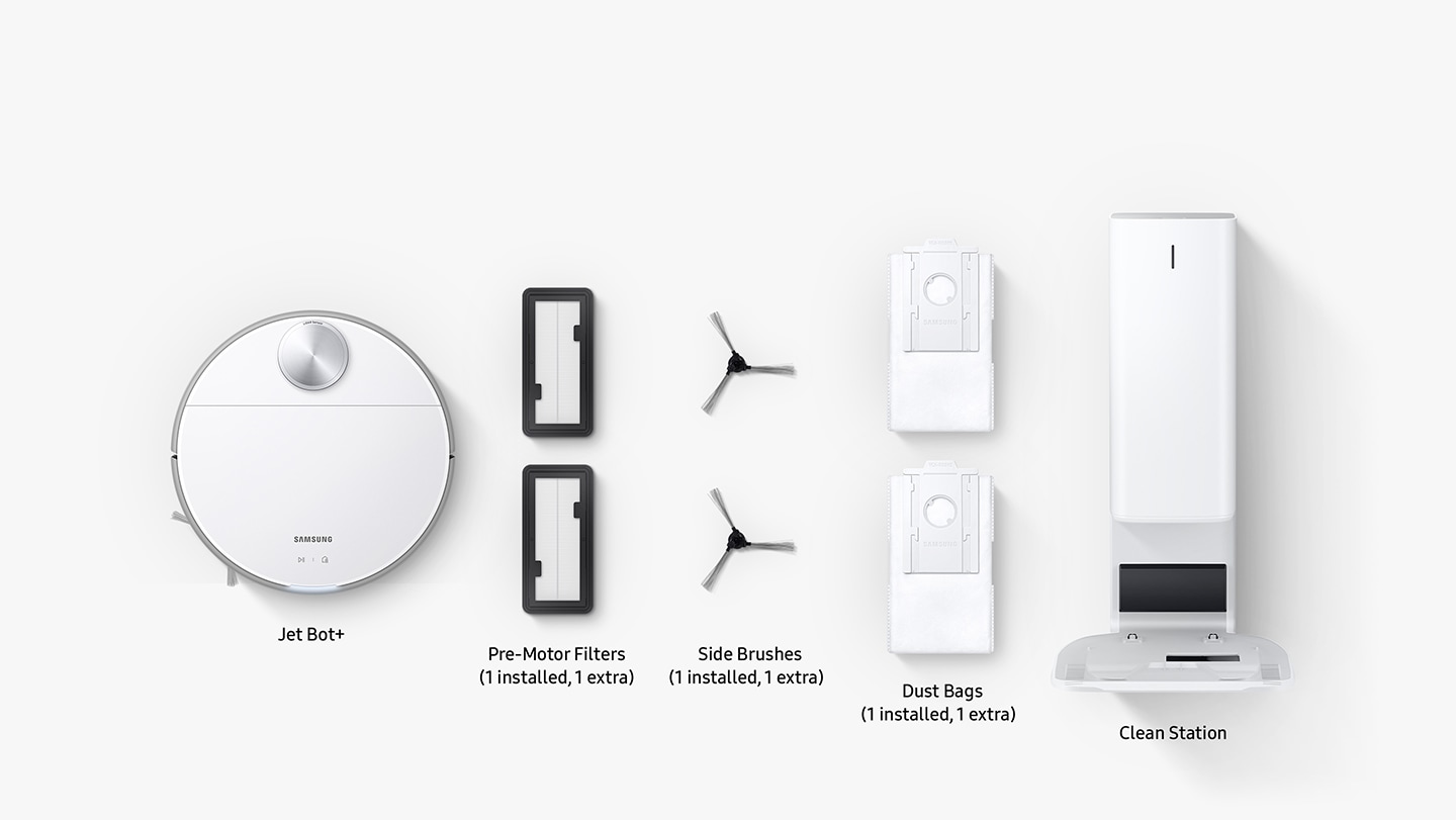 JetBot 80+ comes with the essentials, including two Filters, two Dust Bags, two Side Brushes and a Clean Station—all inside the box. Pre-Motor Filters, Dust Bags and Side Brushes are one installed and the other one extra.