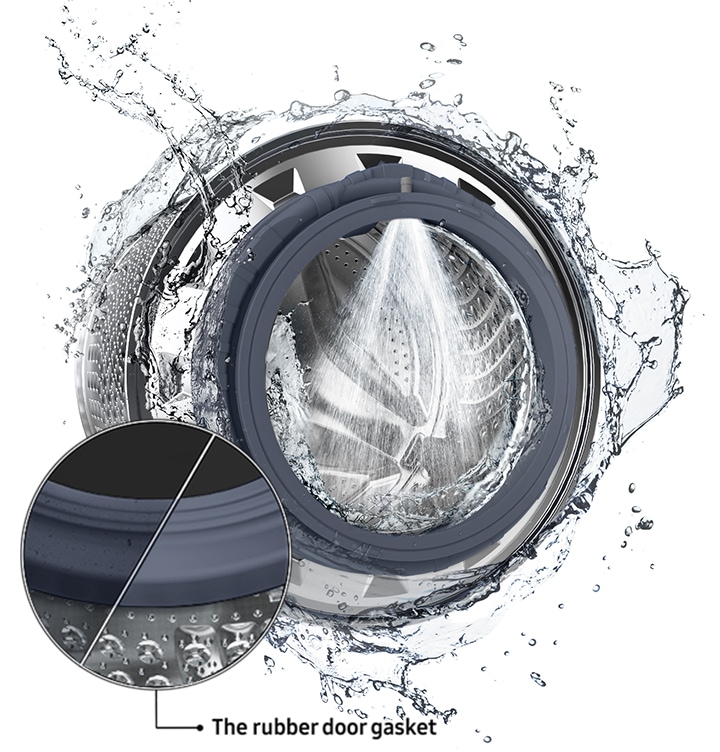 The washer drum is surrounded by clean water and water jets are cleaning the inside. Close-up image of a clean door gasket.