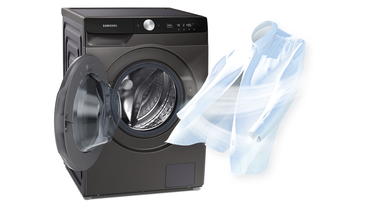 To show cleanliness, a strong air current is being blown to a white shirt where it stands next to an open dryer door.