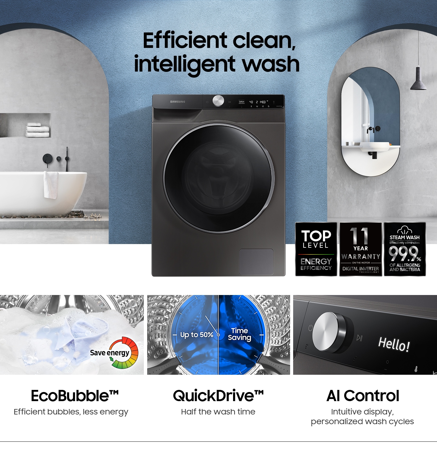 WW7400T features efficient clean, intelligent wash. It has Top level of energy efficiency, 11 year warranty on the DIT motor and effectively eliminates 99.9% of allergens and bacteria with steam wash. Eco Bubble saves energy as create bubble efficiently with less energy. Quick Drive is Time saving function which half the wash time up to 50%. AI control intuitively displays and personalizes wash cycles.