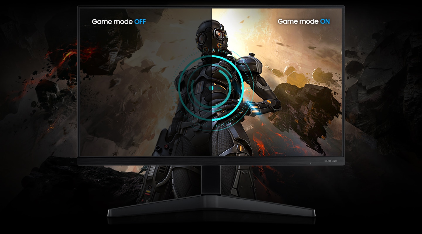 LED Monitor 24 inch with a graphic of a game onscreen. The left side with Game Mode OFF whereas the right side with Game Mode ON