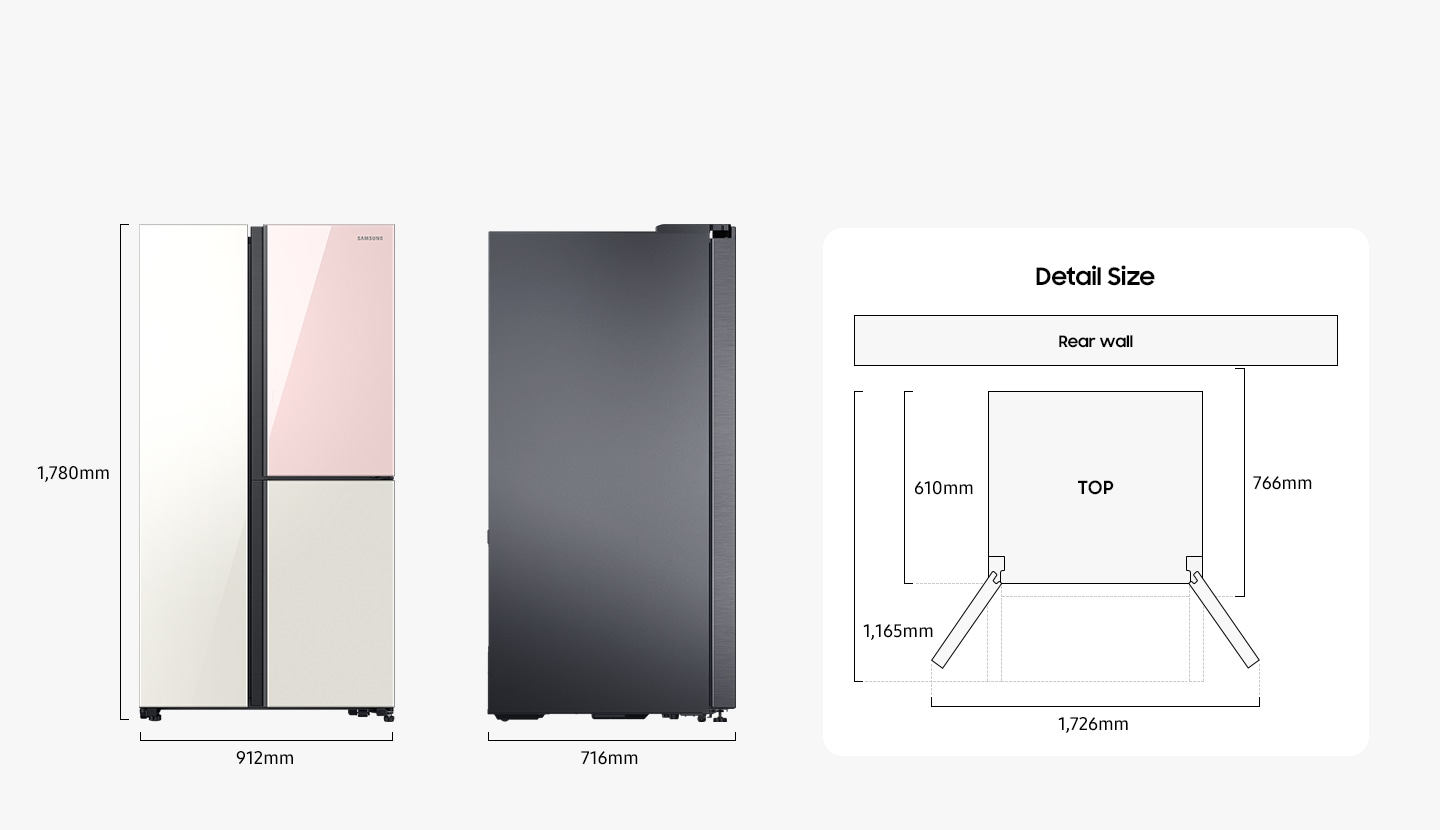 There are front and side views of the fridge and illustrations of the top view with detailed dimensions to ensure the fridge fits the interior. The height, width, and depth are 1,780mm, 912mm, and 716mm, respectively. Not including the depth of the doors, the distance from the rear wall to the front is 766mm, and the distance from the back of the unit to the front is 610mm. The distance from the back of the fridge to the front when the door is open is 1,165mm. The width of the doors when wide open is 1,726mm.