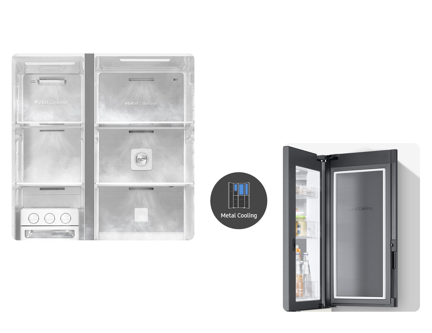 A close-up of 6 compartments demonstrates separate cooling function. Next to it, a door is open with beverages inside. Also, there is a fridge icon with 3 of its top right sections in blue indicating metal cooling function.