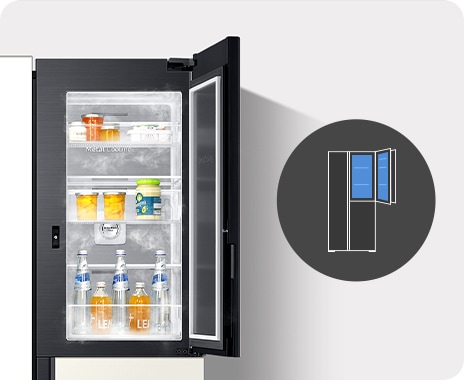 The upper right fridge door is open with beverages inside.