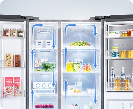 A 2-door fridge filled with food has its doors open. Blue arrows move clockwise to indicate fresh cool air circulating inside.