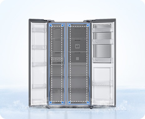 A 2-door fridge is set against an icy background with doors open. Inside are arrows and dotted lines indicating capacity.