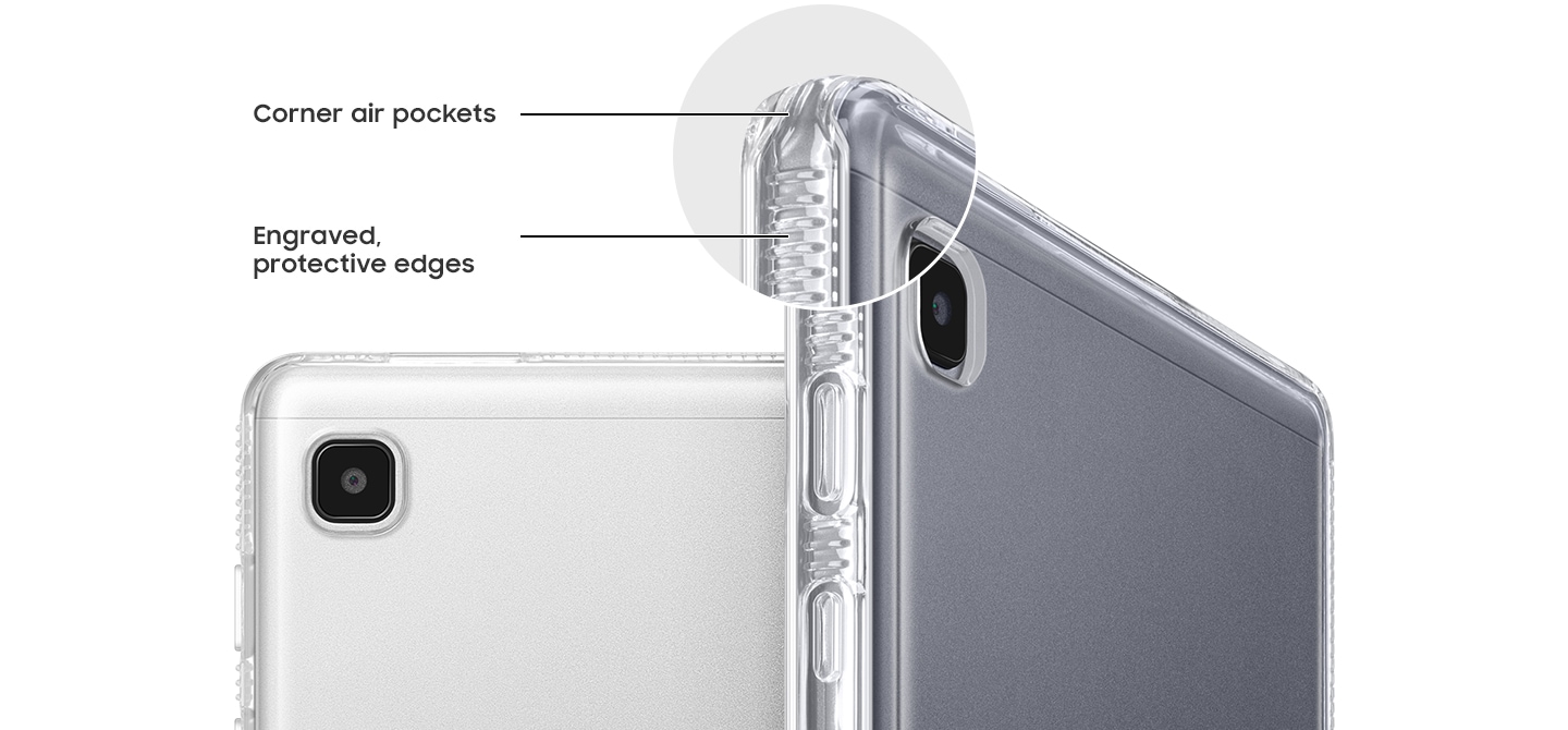 Two Galaxy Tab A7 Lite tablets, seen from the rear and one at an angle. Both have the Clear Cover installed, and a circle magnifies the corner of the one seen from an angle. Text says Corner air pockets and Engraved, protected edges.