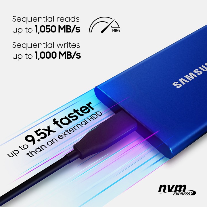 Transfer massives files within seconds with the incredible speed of USB 3.2 Gen 2 on the Samsung Portable SSD T7 & check out more about 1TB memory card at Samsung MY!