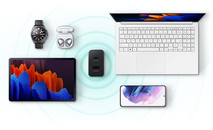 35W Power Adapter Duo is placed in the center of Samsung devices such as laptop, smartphone, tablet PC, smart watch and ear buds to describe its wide coverage.