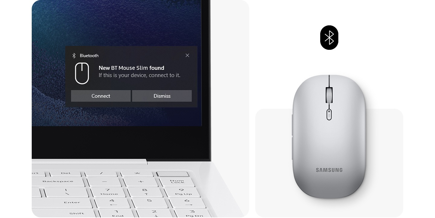 On left, a Galaxy Book is open and a popup message is on the screen with a button to click to connect. To the right, there is a white mouse with a Bluetooth icon above it.