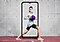 Compare the Samsung Galaxy A03s display specs now. Inside of the Galaxy A03s frame shows a woman performing a standing torso twist with her legs in a lunge position while holding a purple medicine ball with her feet and part of her calf outside it.