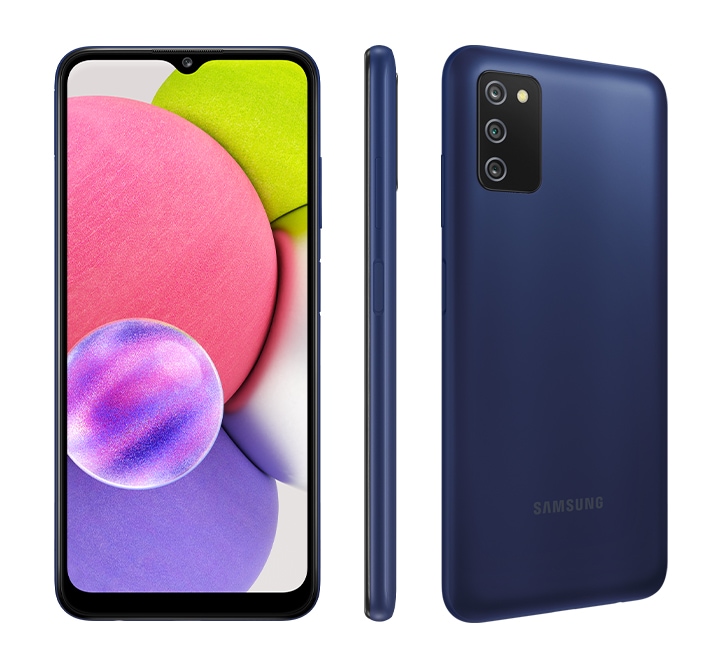 Explore more Samsung Galaxy A03s specs and features now. Classic back view of the Galaxy A03s in blue along with 1 side and 1 front view to highlight modern matte finish.