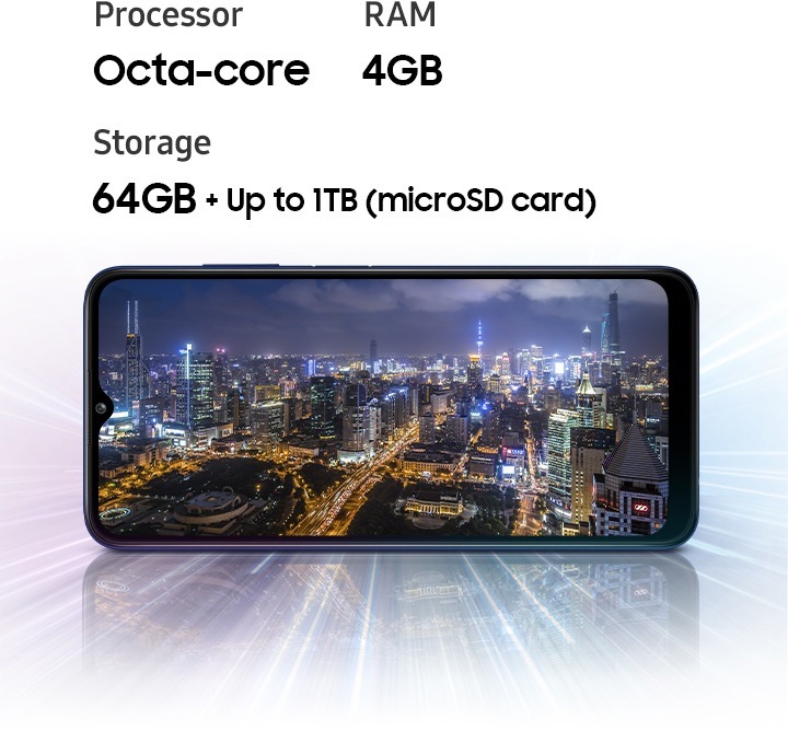 Galaxy A03s shows night city view, indicating device offers Octa-core processor, 3GB/4GB RAM, 32GB/64GB with up to 1TB-storage.